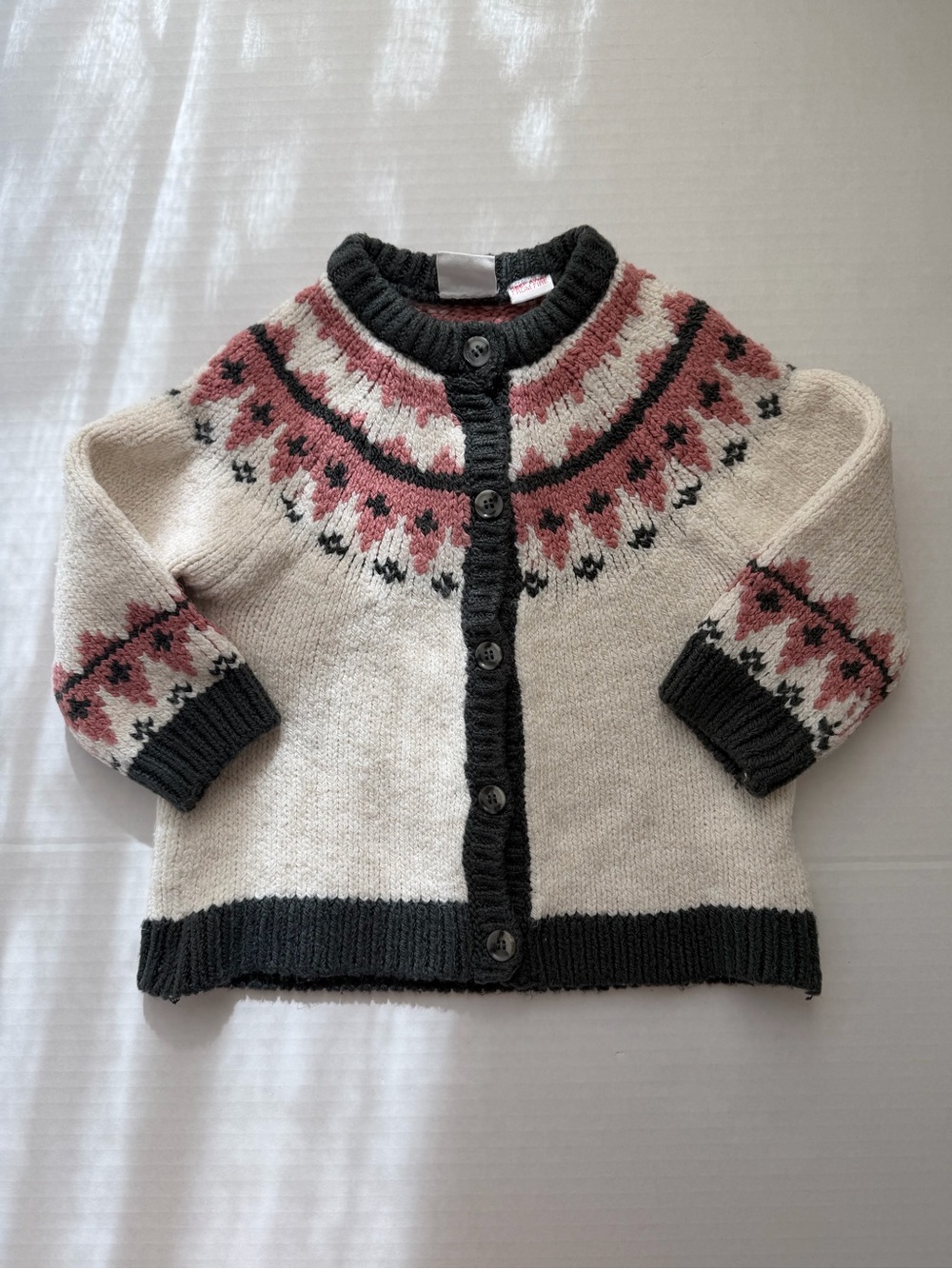 Zara Girls 3-4 Fair Isle Knit Cardigan Sweater Pink Cream Nordic